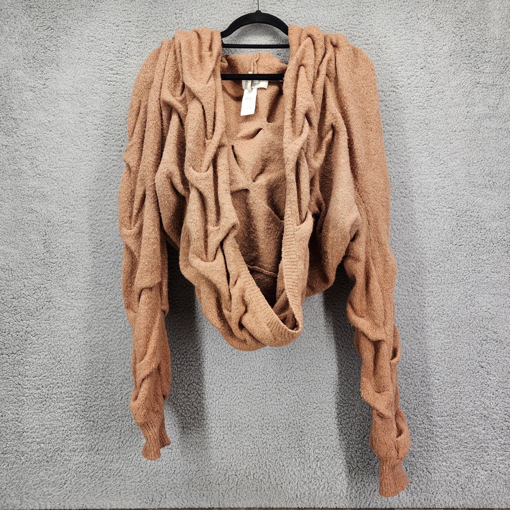 Max Azria Womens Brown Lattice Knit Draped Open Front Shrug Sweater Large